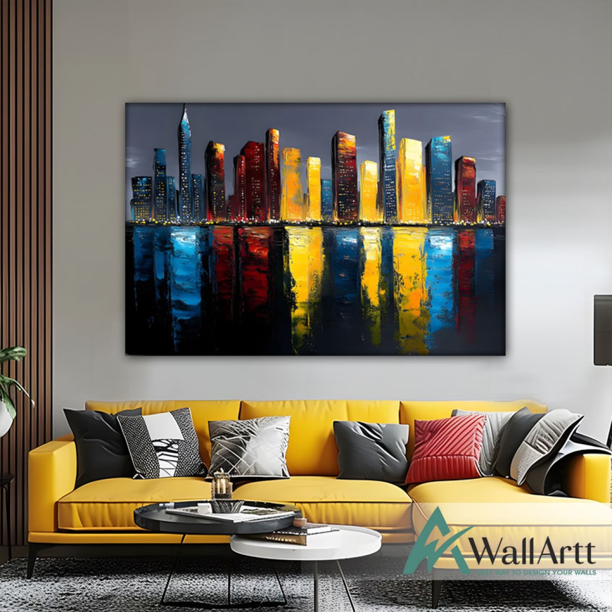 City Reflection Textured Partial Oil Painting - Wall Art